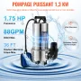 Submersible Water Pump, 1300W 20000L/H, with 10 m Cord and Automatic Tethered Float Switch, Stainless Steel and Cast Iron for Di