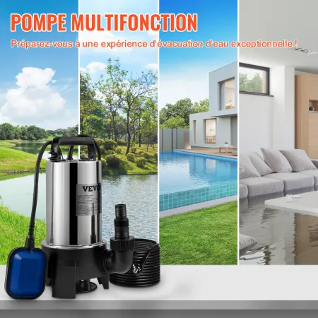 Submersible Water Pump, 1100W 20000L/H, with 10 m Cord and Automatic Tethered Float Switch, Portable Stainless Steel for Dirty o