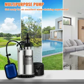 Submersible Water Pump, 550W 9500L/H, w/ 10 m Cord and Automatic Tethered Float Switch, Portable Stainless Steel for Clean,