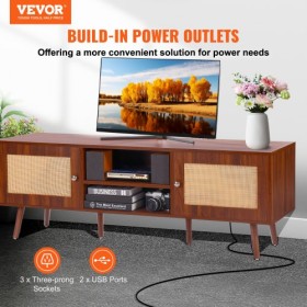 Rattan TV Stand for 65" TV Boho TV Stand with Build-in Socket Walnut