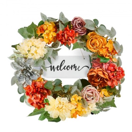 Artificial Decorative Wreath 24 in Red Orange Yellow Hydrangeas Roses