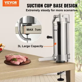 Sausage Stuffer, 5LBS/3L Capacity, 304 Stainless Steel Vertical Sausage Stuffer, Sausage Filling Machine with 3 Stuffing Tubes,