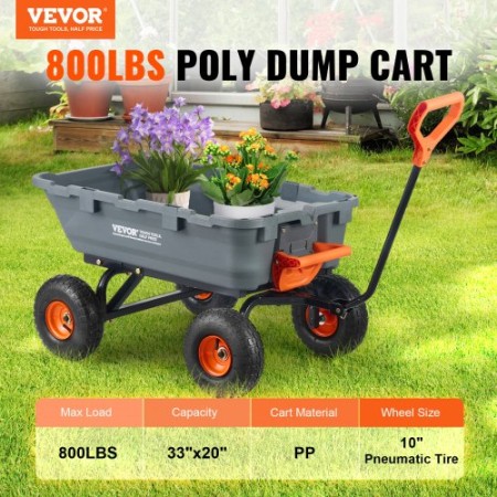 Poly Garden Dump Cart Heavy-duty Yard Carts and Wagons 800 lbs 10" Tires