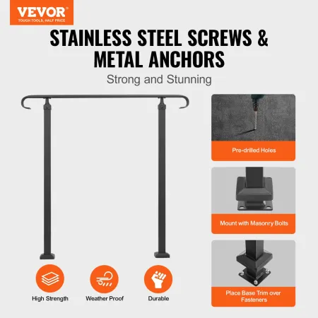 VEVOR Wrought Iron Handrail, Fit 1 or 2 Steps Outdoor Stair Railing, Adjustable Front Porch Hand Rail, Black Transitional Hand r