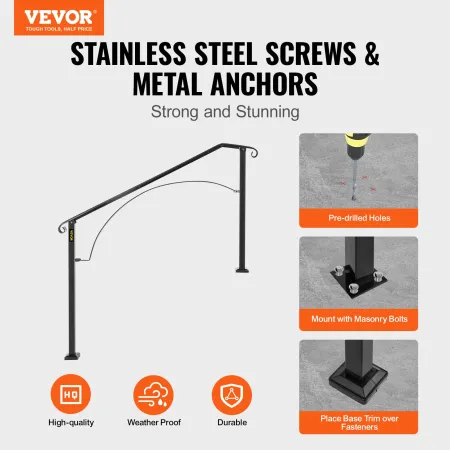 VEVOR Handrails for Outdoor Steps, Fit 3 or 4 Steps Outdoor Stair Railing, Arch3 Wrought Iron Handrail, Flexible Porch Railing, 