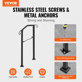 Handrails for Outdoor Steps, Fit 1 or 2 Steps Outdoor Stair Railing, Arch1 Wrought Iron Handrail, Flexible Porch Railing, Black 