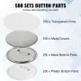 500 Sets 2.25 inch 58mm Pin Back Button Parts, DIY Round Button Badge Parts, Set Includes Metal Top, Plastic/Metal Button, Clear