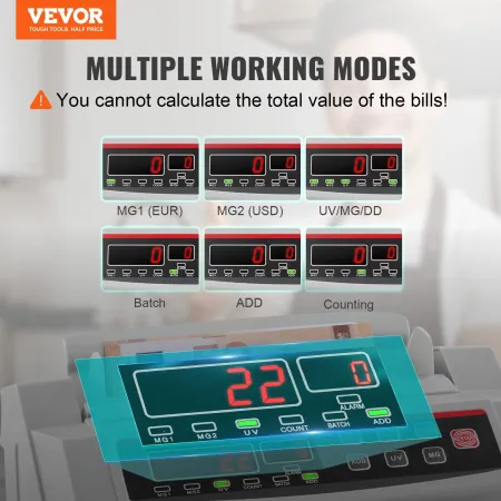 VEVOR Banknotes Counter With LED Display, Professional Note Counter With Counterfeit Detector, UV/MG, 1000 Bills/Minute, Counts 