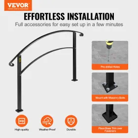 VEVOR Handrails for Outdoor Steps, Fit 1 or 3 Steps Outdoor Stair Railing, Black Wrought Iron Handrail, Flexible Front Porch Han