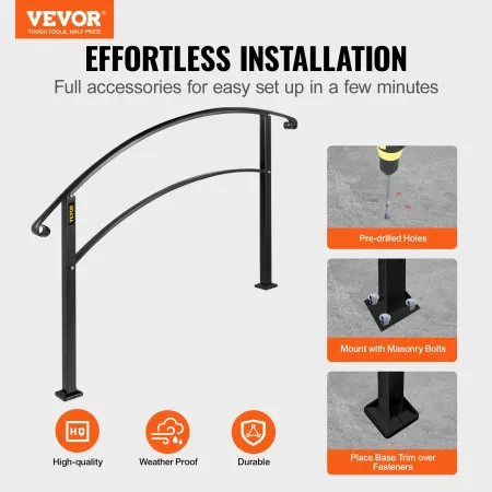 Handrails for Outdoor Steps, Fit 1 or 3 Steps Outdoor Stair Railing, Black Wrought Iron Handrail, Flexible Front Porch Hand Rail