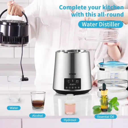 VEVOR Water Distiller, 1 L/H, 4L Distilled Water Maker with 0-99 H Timing, 750W Countertop Water Purifier with Dual Temp Display