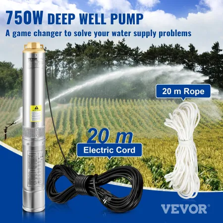 Deep Well Submersible Pump, 750W 230V/50Hz, 100L/min 66 m Head Sand Resistant 5%, 20 m Electric Cord, 7.6 cm Stainless Steel Wat