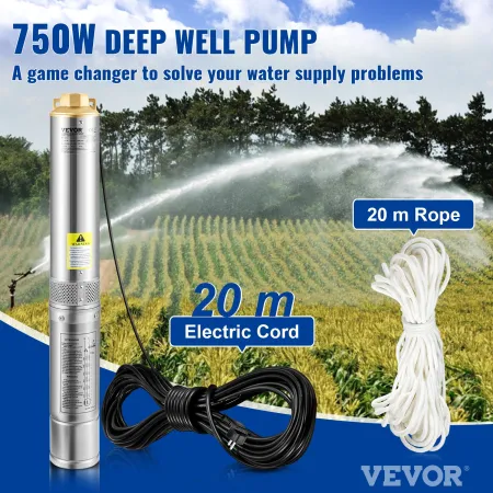 VEVOR Deep Well Submersible Pump, 750W 230V/50Hz, 105L/min 62 m Head Sand Resistant 5%, 20 m Electric Cord, 8.9 cm Stainless Ste