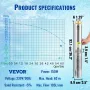 Deep Well Submersible Pump, 750W 230V/50Hz, 105L/min 62 m Head Sand Resistant 5%, 20 m Electric Cord, 8.9 cm Stainless Steel Wat
