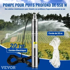 Deep Well Submersible Pump, 550W 230V/50Hz, 35L/min 108 m Head Sand Resistant 5%, 20 m Electric Cord, 7.6 cm Stainless Steel Wat