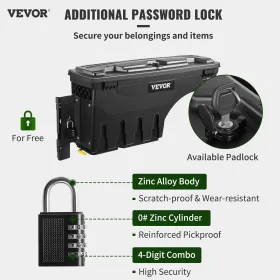 Truck Bed Storage Box, Lockable Lid, Waterproof ABS Wheel Well Tool Box 6.6 Gal/20 L with Password Padlock, Compatible with Tund