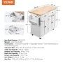 VEVOR Kitchen Island Cart with Solid Wood Top, 90 cm Width Mobile Carts with Storage Cabinet, Rolling Kitchen Table with Spice R