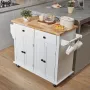 Kitchen Island Cart with Solid Wood Top, 90 cm Width Mobile Carts with Storage Cabinet, Rolling Kitchen Table with Spice Rack, T