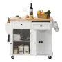 Kitchen Island Cart with Solid Wood Top, 90 cm Width Mobile Carts with Storage Cabinet, Rolling Kitchen Table with Spice Rack, T