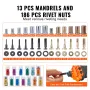 Rivet Nut Tool, 40.6cm Rivnut Tool Kit with 13PCS Metric and SAE Mandrels, 186PCS Rivet Nuts, M3, M4, 10-24, M5, M6, 1/4-20, 8-3