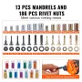VEVOR Rivet Nut Tool, 40.6 cm Rivnut Tool Kit with 13PCS Metric and SAE Mandrels, 186PCS Rivet Nuts, M3, M4, 10-24, M5, M6, 1/4-