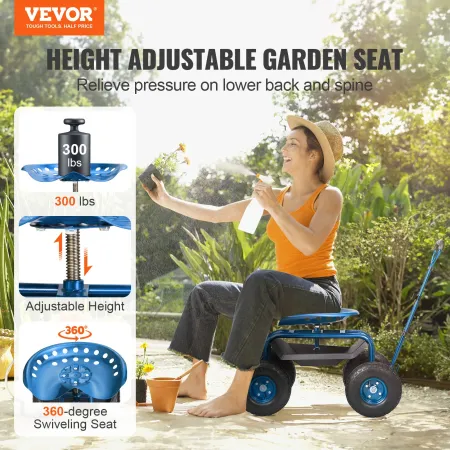 VEVOR Garden Cart Rolling Workseat with Wheels, Gardening Stool for Planting, 360 Degree Swivel Seat, Wagon Scooter with Steerin
