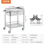 VEVOR Medical Cart, 2 Layers Stainless Steel Cart 99.8 kg Weight Capacity, Lab Utility Cart with 360° Silent Wheels and a Drawer