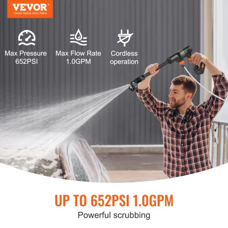 VEVOR Cordless Pressure Washer, 652-PSI 1.0 GPM Portable Power Cleaner, Handheld High-Pressure Car Washer Gun with 4.0Ah Battery