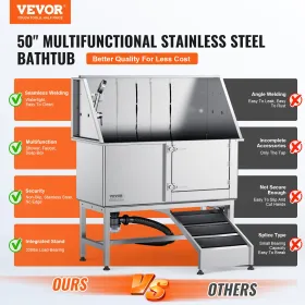 VEVOR 1,27M Badestation til hunde til kæledyr m/rampe, professionelt hundeplejekar i rustfrit stål m/ sæbekasse, vandhane, rigt