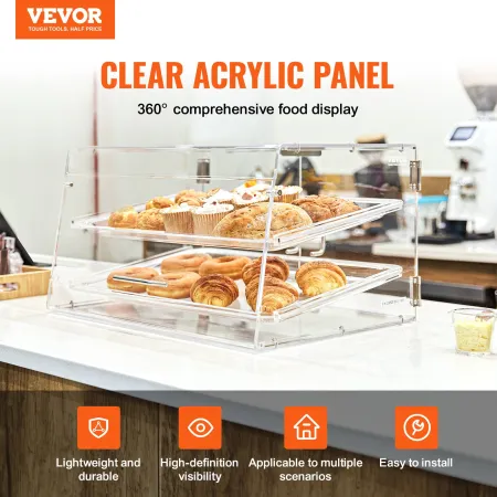 Pastry Display Case, 2-Tier Commercial Countertop Bakery Display Case, Acrylic Display Box with Rear Door Access & Removable She