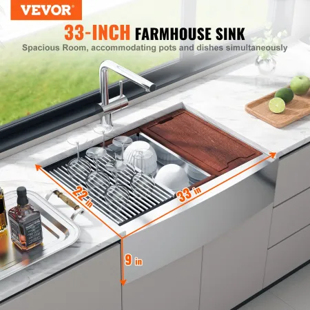 VEVOR Farmhouse Kitchen Sink, 304 Stainless Steel Drop-In Sinks, Top Mount Single Bowl Basin with Ledge & Accessories, Household
