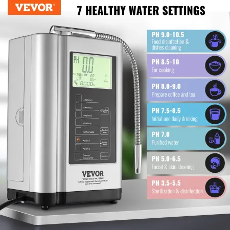 VEVOR Alkaline Water Ionizer Machine, pH 3,5-10,5 Alkaline Acidic Hydrogen Vandrenser, 7 vandindstillinger