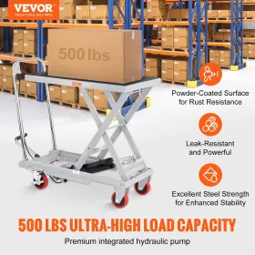 VEVOR Hydraulic Lift Table Cart, 500lbs Capacity 28.5" Lifting Height, Manual Single Scissor Lift Table with 4 Wheels and Non-sl