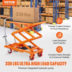 Hydraulic Lift Table Cart, 330lbs Capacity 50" Lifting Height, Manual Double Scissor Lift Table with 4 Wheels and Non-slip Pad, 