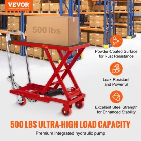 VEVOR Hydraulic Lift Table Cart, 500lbs Capacity 28.5" Lifting Height, Manual Single Scissor Lift Table with 4 Wheels and Non-sl