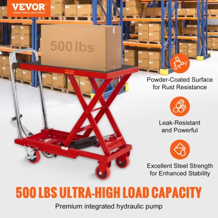 VEVOR Hydraulic Lift Table Cart, 500lbs Capacity 28.5" Lifting Height, Manual Single Scissor Lift Table with 4 Wheels and Non-sl