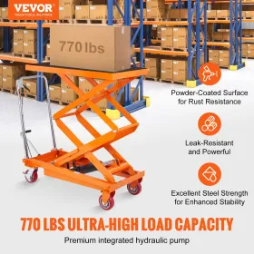 Hydraulic Lift Table Cart, 770lbs Capacity 59" Lifting Height, Manual Double Scissor Lift Table with 4 Wheels and Non-slip Pad, 