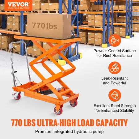 VEVOR Hydraulic Lift Table Cart, 770lbs Capacity 59" Lifting Height, Manual Double Scissor Lift Table with 4 Wheels and Non-slip