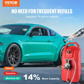 16 Gallon Fuel Caddy, 7.8 L/min, Portable Gas Storage Tank Container with Hand Pump Rubber Wheels, Fuel Transfer Storage Tank fo