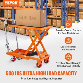VEVOR Hydraulic Lift Table Cart, 500lbs Capacity 28.5" Lifting Height, Manual Single Scissor Lift Table with 4 Wheels and Non-sl