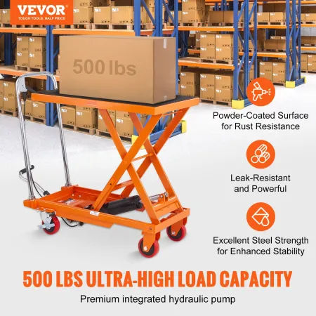 VEVOR Hydraulic Lift Table Cart, 500lbs Capacity 28.5" Lifting Height, Manual Single Scissor Lift Table with 4 Wheels and Non-sl