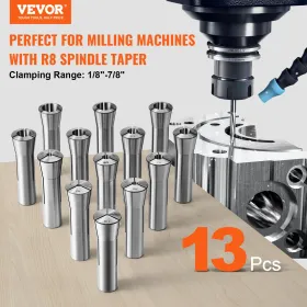 VEVOR 13 pcs Precision R8 Collet Set, 1/8" - 7/8", 45 Mill Collet Chuck 0.0012"/30μm TIR with 13 Labeled Storage Boxes, for Mill
