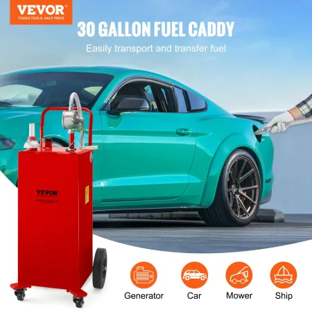 VEVOR 30 Gallon Fuel Caddy, Gas Storage Tank & 4 Wheels, with Manuel Transfer Pump, Gasoline Diesel Fuel Container for Cars, Law