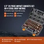 1/2" Drive Impact Socket Set, 23 Piece Socket Set SAE （7/16" -1"）& Metric 6 Point Cr-V Alloy Steel for Auto Repair with Ratchet 