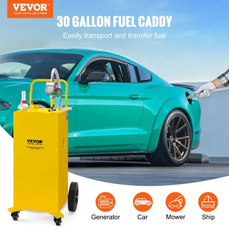 VEVOR 30 Gallon Fuel Caddy, Gas Storage Tank & 4 Wheels, with Manuel Transfer Pump, Gasoline Diesel Fuel Container for Cars, Law