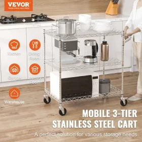 VEVOR Kitchen Utility Cart, 3 Tiers, Wire Rolling Cart with 661LBS Capacity, Steel Service Cart on Wheels, Metal Storage Trolley
