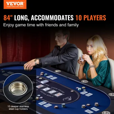 10 Player Foldable Poker Table, Blackjack Texas Holdem Poker Table with Padded Rails and Stainless Steel Cup Holders, Portable F