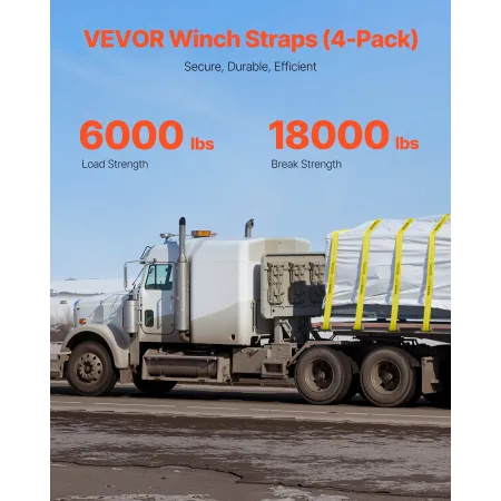 VEVOR Winch Straps, 4" x 30', 6000 lbs Load Capacity, 18000 lbs Break Strength, Truck Straps with Flat Hook, Flatbed Tie Downs C