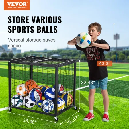 Rolling Sports Ball Storage Cart, Basketball Cage with Double Lids, Sport Equipment Holder Organizer for Indoor Outdoor, Steel S