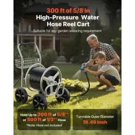 VEVOR Hose Reel Cart, Hold Up to 91.44 m of 1.59 cm Hose, Garden Water Hose Carts Mobile Tools with 4 Wheels, Heavy Duty Powder-